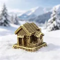 Close-up of a miniature bronze pagoda statue for bonsai decor on snowy background - Earthen House
