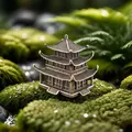Vue macro détaillée d'une pagode miniature en bronze sur mousse pour décor de bonsaï - Tour de la grue jaune