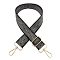 Adjustable black and white herringbone woven strap with golden metal hardware clips - Black Silver Thread Arrow