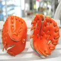 Mini orange leather baseball glove keychain showing front and back views with stitching - 3.8cm orange (single) gloves