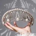 Corona barocca dorata con perle bianche e cristalli lucenti per acconciatura sposa - Corona di perle oro antico