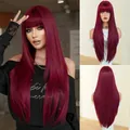 Long straight burgundy wig with bangs made of high-quality synthetic fibers - Grape Purple Red (Party) 85cm