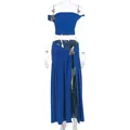 Detail of royal blue two-piece set featuring gold flower hardware and side ruching - S / Blue
