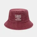 Close-up of burgundy washed cotton bucket hat with white 40th birthday slogan embroidery - 40th Birthday Style / Burgundy