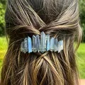 Bohemian style 8cm spring hair clip with raw grey crystal stones on braided hair - Blue Gray