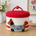 Red and cream woven storage basket with cute puppy motif for baby shower gift - Wood Bead Red Lid Dachshund Dog Style