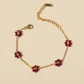 Bohemian gold stainless steel bracelet with red beaded flowers and lobster clasp closure - Wine Red Bracelet