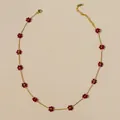 Bohemian gold stainless steel necklace featuring red beaded flower charms with lobster clasp - Wine Red Necklace