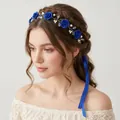 Bandeau fait main avec roses en argile bleue et perles avec ruban bleu assorti - Longueur Bandeau Environ 29,5 cm / Bleu