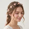 Serre-tête ajustable fleurs roses avec perles blanches et ruban de satin de mariage - Longueur Bandeau Environ 30 cm / Rose