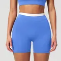 Short de yoga bleu roi taille haute avec ceinture blanche contrastée pour sport - Bleu ciel