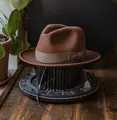 Dark brown wool felt fedora hat with matching satin band and brown leather wind cord - Dark Camel