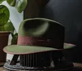 Olive green wool felt fedora hat with dark brown ribbon trim and edge binding - Army Green