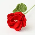 Handmade red crochet rose flower bouquet with green leaves and delicate white stamens - French Rose - Bright Red