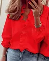 Blouse rouge femme à col en V avec volants et manches longues pour un look décontracté - S / Hauts / Rouge