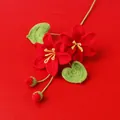 Handmade crochet bouquet with red flowers, yellow centers, and green heart leaves - Xue Wu Tung Flower Branch - Red