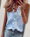 Women's light blue sleeveless V-neck shirt with ruffle trim detailing and casual fit - S / Tops / Blue