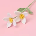 Handmade crochet jasmine flower in white and yellow yarn with green stem on pink background - Mao Si Cornus Flower - White