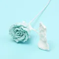 Handmade crochet rose in mint green yarn with white stem for home decoration - Macaron Roselle Rose - Blue (White Leaf)