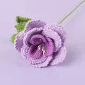 Handmade purple crochet flower bouquet with green leaves on a soft fabric background - French Rose - Purple