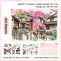 3-piece Chinese vintage floral PET stickers set with architectural scenery for scrapbooking - Wild Begonia Flowers Fall / Matte PET