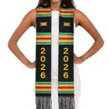 Black 2026 graduation stole with colorful kente stripes and elegant tassels - Style 2026