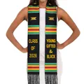 Class of 2026 Kente graduation stole with Young Gifted & Black text and black tassels - Class of 2026 Young Gifted Style