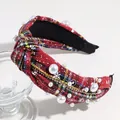 Serre-tête de Noël en tartan rouge avec perles blanches, strass et flocons de neige - Rouge et blanc avec perles et strass