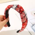 Plaid Christmas headband with white snowflakes and top knot in red and black - White Black Red
