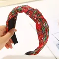 Christmas knotted headband with red and green plaid fabric and white snowflake patterns - Yellow Green Lines