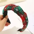 Christmas knotted headband in red and green tartan plaid with snowflake patterns - Red & Green