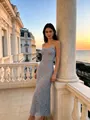 Elegant light blue floral lace maxi dress with thin straps and a slim-fit silhouette - Sky Blue