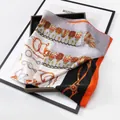 Orange and black satin square scarf with vintage chain print and elegant tassels - L7011-Orange Chain Pattern