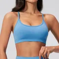 Seamless sky blue yoga sports bra with thin straps and V-shaped support knitting - Aqua