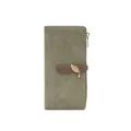 Close-up of olive green long wallet featuring leaf embroidery and golden leaf pendant - Metal Leaf Pendant Style / Green