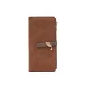 Close-up of vintage brown long wallet featuring metal leaf pendant and leaf embossed pattern - Metal Leaf Pendant Style / Brown