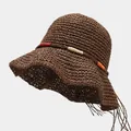 Chapeau de paille crocheté marron foncé avec bord large et détail de corde coloré - M / Brun Foncé (Modèle B JT)