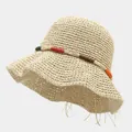 Chapeau de paille beige au crochet avec garniture en fil coloré et large bord ondulé - M / Beige (Modèle B JT)