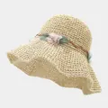 Chapeau de paille beige au crochet avec fleur rose et bord large pour la plage d'été - M / Beige (Modèle E JT)