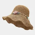 Chapeau de paille naturel avec fleurs en tissu et large bord ondulé contre le soleil - M / Kaki (Modèle E JT)
