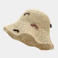 Chapeau de paille beige au crochet pour femme avec accents floraux pour les vacances - M / Beige (Modèle C JT)