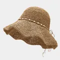 Chapeau de soleil en paille crochetée marron avec ruban de perles et larges bords ondulés - M / Kaki (Modèle F JT)