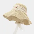 Chapeau de paille beige pour femmes avec perles blanches, fleurs roses et ruban en résille - M / Beige (Modèle G JT)