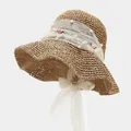 Chapeau de soleil en paille naturelle avec roses roses et bandeau de perles - M / Kaki (Modèle G JT)