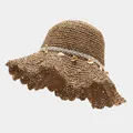 Chapeau de soleil au crochet marron café avec bord ondulé et coquillages pour la plage - M / Kaki (Modèle H BC)