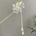 Traditionelle goldene Haarnadel mit lila Schmetterling, Blumen und langer Quaste - Lila Rosa Blume Schmetterling Perle Quaste (2565) / Lila