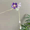 Goldene Haarnadel mit lila Blume und langen Quasten im traditionellen chinesischen Stil - Dunkellila Farbverlauf Blume Perle Quaste (发簪2557)