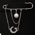 Silver safety pin brooch featuring hanging pearl tassel and crystal moon pendant - White K 6443 (Moon Pearl)