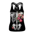 Camisole d'Halloween noire pour femme avec imprimé squelette floral et dos croisé - Style de Squelette d'Horloge Vintage (B104-056)