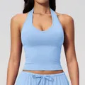 Light blue halter-neck sports bra with V-neckline for yoga and fitness workout - S / Tops / Clear Sky Blue